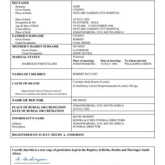 South Africa death certificate Word and PDF template download template file