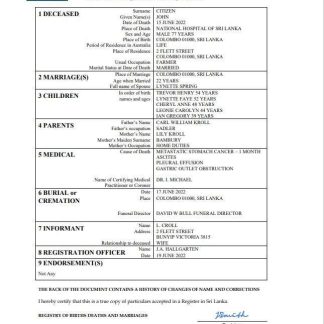 Sri Lanka vital record death certificate Word and PDF template download template file