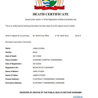 Suriname death certificate Word and PDF template download template file