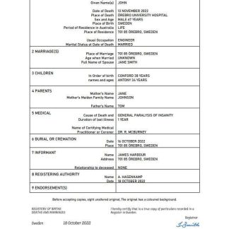 Sweden vital record death certificate Word and PDF template download template file