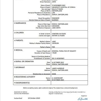Switzerland vital record death certificate Word and PDF template download template file