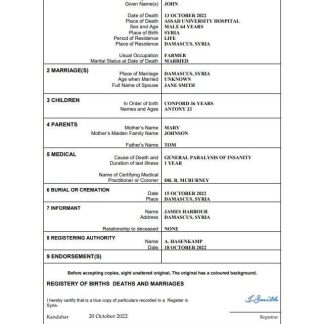 Syria vital record death certificate Word and PDF template download template file