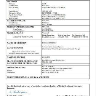 Tanzania vital record death certificate Word and PDF template download template file