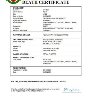 Thailand death certificate Word and PDF template download template file