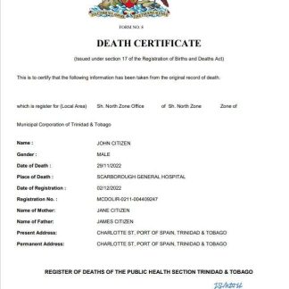 Trinidad and Tobago death certificate Word and PDF template download template file