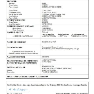 Tunisia vital record death certificate Word and PDF template download template file