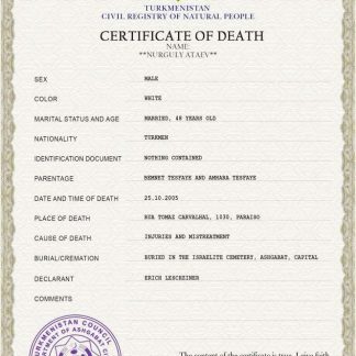 Turkmenistan death certificate PSD template download template file