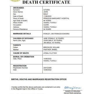 Tuvalu vital record death certificate Word and PDF template download template file