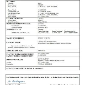 Uganda vital record death certificate Word and PDF template download template file