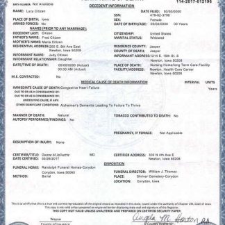 USA Iowa state death certificate template in PSD format download template file