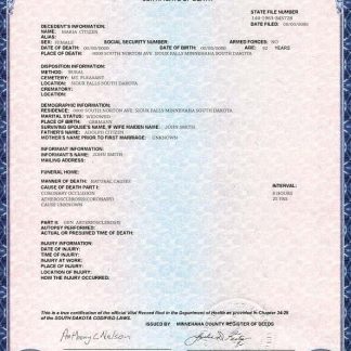 USA South Dakota state death certificate template in PSD format download template file