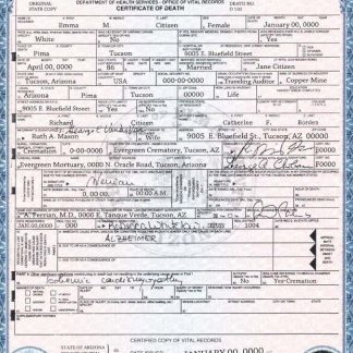 USA state Arizona death certificate template in PSD format download template file