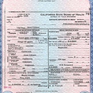 USA state California County of Ventura death certificate template in PSD format download template file