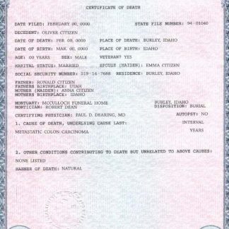 USA state Idaho death certificate template in PSD format download template file