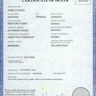 USA state New Jersey death certificate template in PSD format download template file