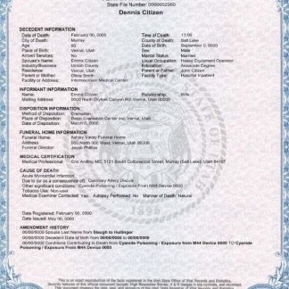 USA state Utah death certificate template in PSD format download template file