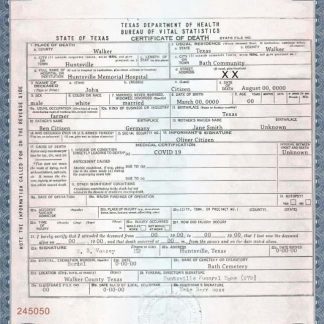 USA Texas state death certificate template in PSD format download template file