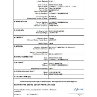 Uzbekistan vital record death certificate Word and PDF template download template file