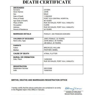 Vanuatu death certificate Word and PDF template download template file