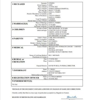 Yemen death certificate Word and PDF template download template file