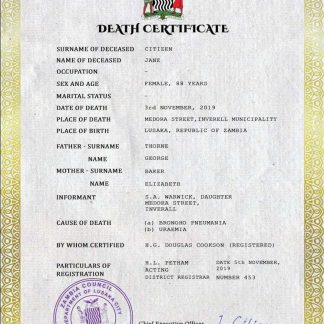 Zambia vital record death certificate PSD template download template file