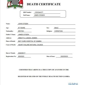Zambia vital record death certificate Word and PDF template download template file