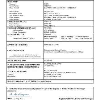 Zimbabwe vital record death certificate Word and PDF template download template file
