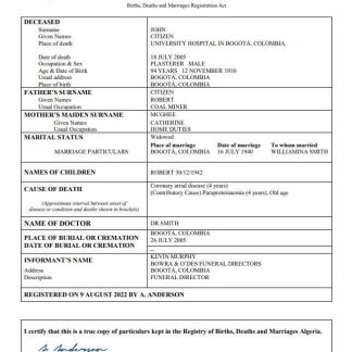 Colombia death certificate Word and PDF template download template file