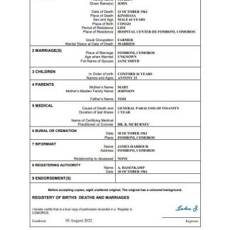 Comoros vital record death certificate Word and PDF template download template file