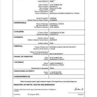 Congo death certificate Word and PDF template download template file