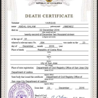 Costa Rica death certificate PSD template download template file