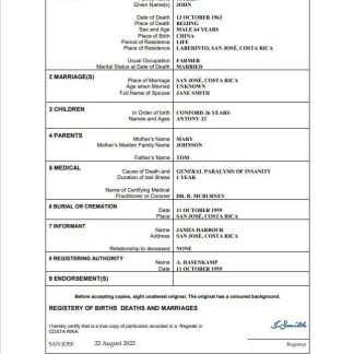 Costa Rica vital record death certificate Word and PDF template download template file