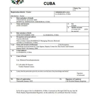 Cuba vital record death certificate PSD template download template file