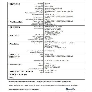 Democratic Republic of the Congo vital record death certificate Word and PDF template download template file