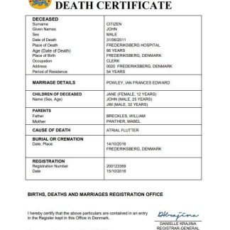 Denmark vital record death certificate Word and PDF template download template file
