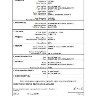Djibouti death certificate Word and PDF template download template file