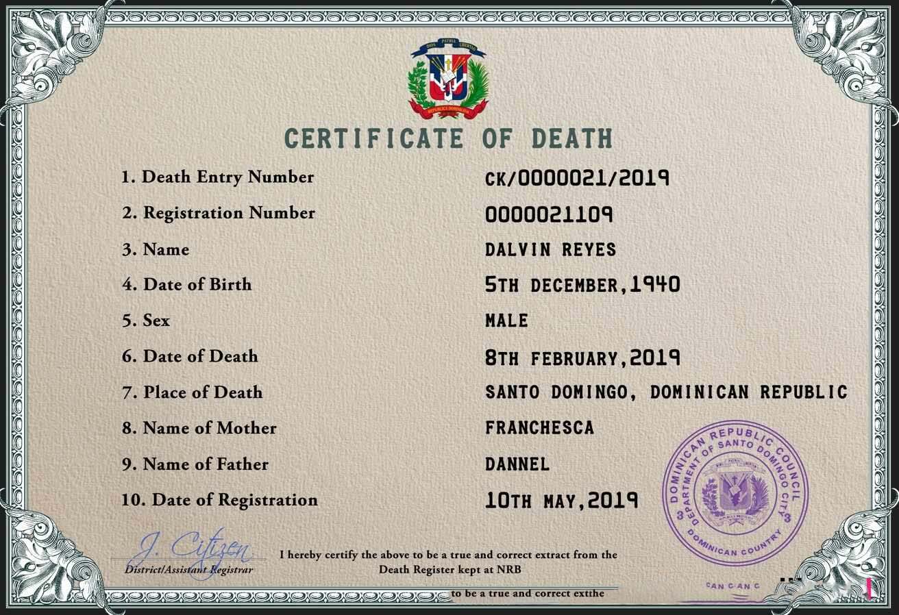 Dominican Republic vital record death certificate PSD template download template file