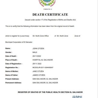 El Salvador vital record death certificate Word and PDF template download template file
