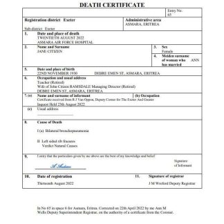 Eritrea vital record death certificate Word and PDF template download template file