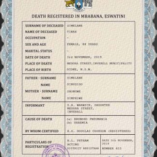 Eswatini vital record death certificate PSD template download template file