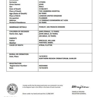 Australia Australian Capital Territory death certificate template in Word download template file