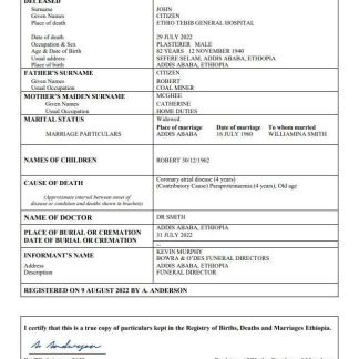 Ethiopia vital record death certificate Word and PDF template download template file