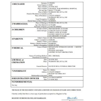 Fiji vital record death certificate Word and PDF template download template file