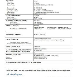 Gabon death certificate Word and PDF template download template file