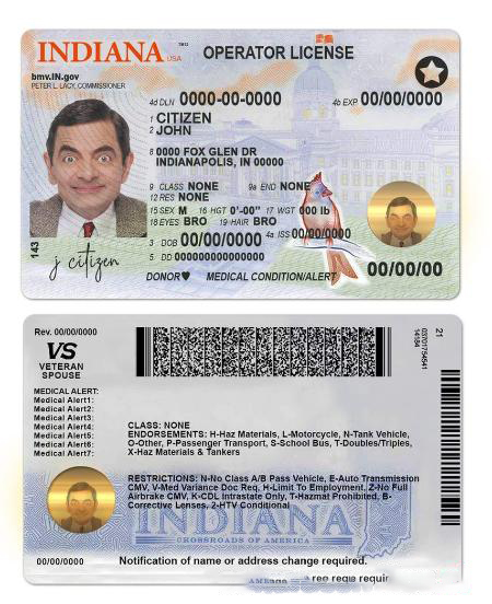USA Indiana driving (operator) license template in PSD format (2019 ?C present) download template file