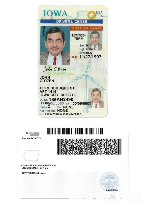 USA Iowa Driving License under 21 download template file
