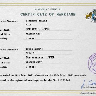 Eswatini marriage certificate PSD template download template file
