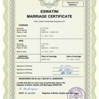 Eswatini marriage certificate Word and PDF template download template file