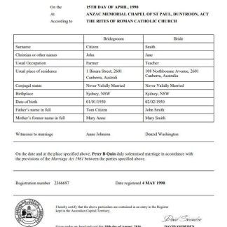 Australia Australian Capital Territory marriage certificate template in Word download template file