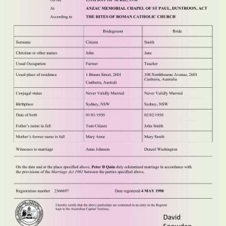Australia Commonwealth of Australia marriage certificate Word and pdf format download template file